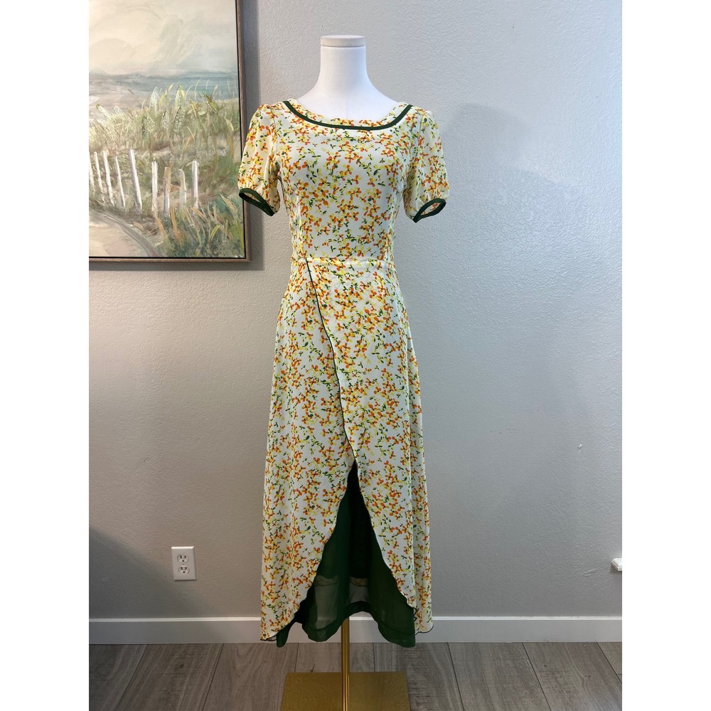 Vintage Floral Tulip Hem Yellow Dress Cottagecore Garden Party Romantic XS/S